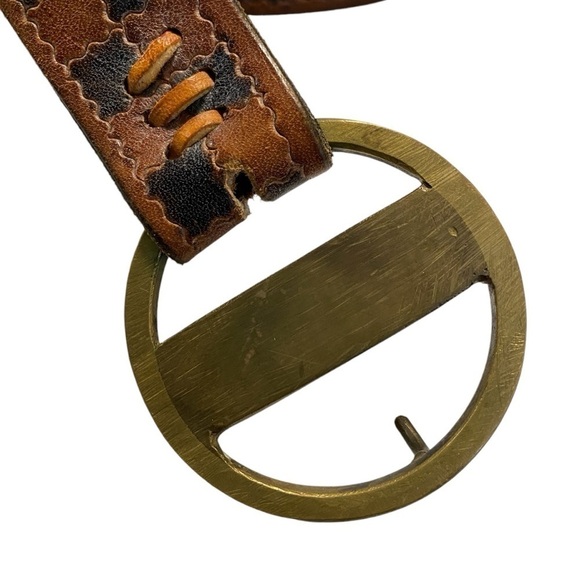 Vintage Leather Belt checkered pattern brassy gold buckle Boho Chic IndieSleaze - Picture 4 of 5